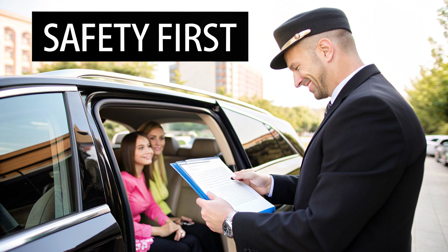 A smiling chauffeur shows documents to two female passengers inside a black car, with 'SAFETY FIRST' text.