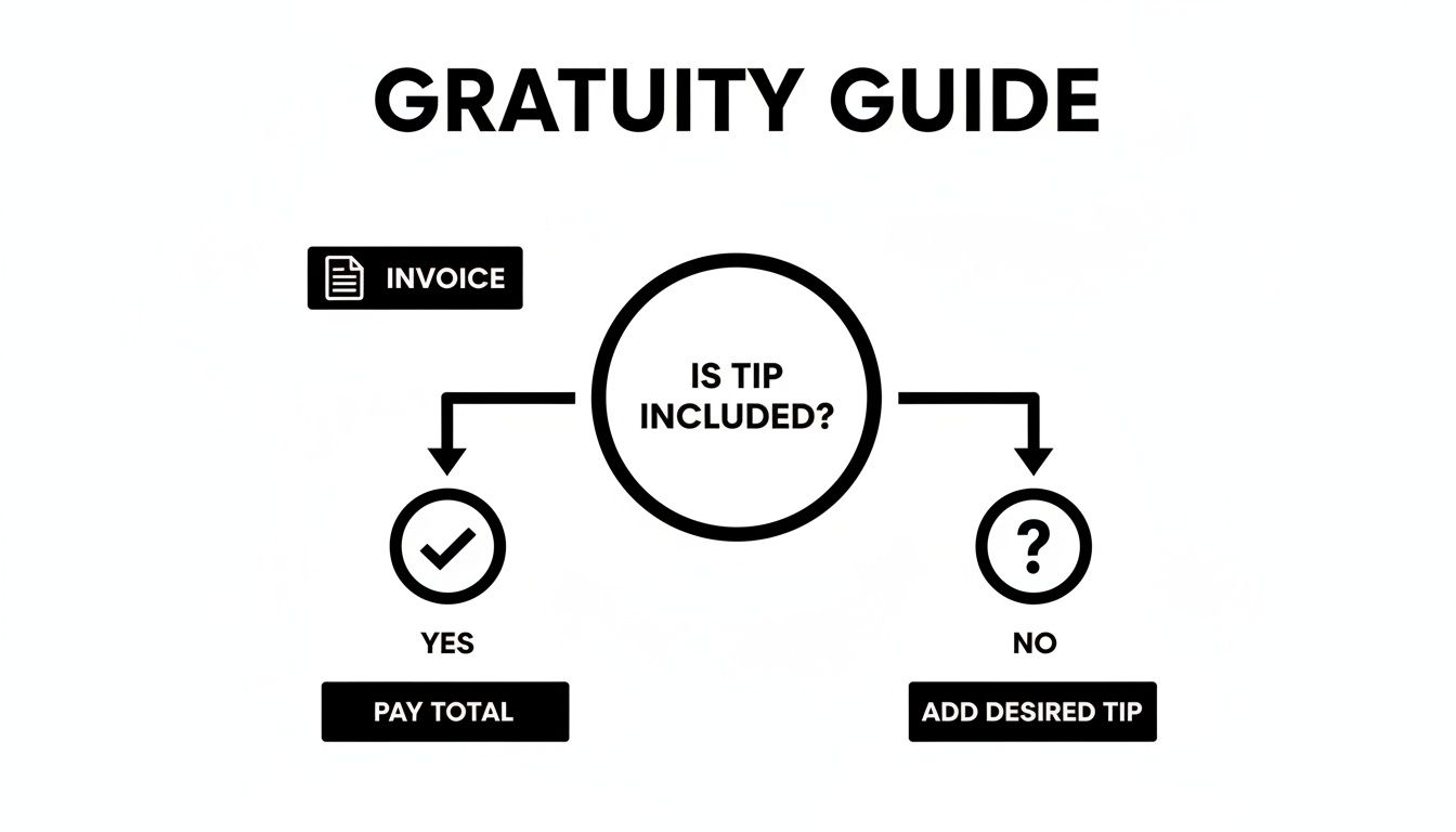 A black and white flowchart titled 'Gratuity Guide' shows how to decide on tipping from an invoice.