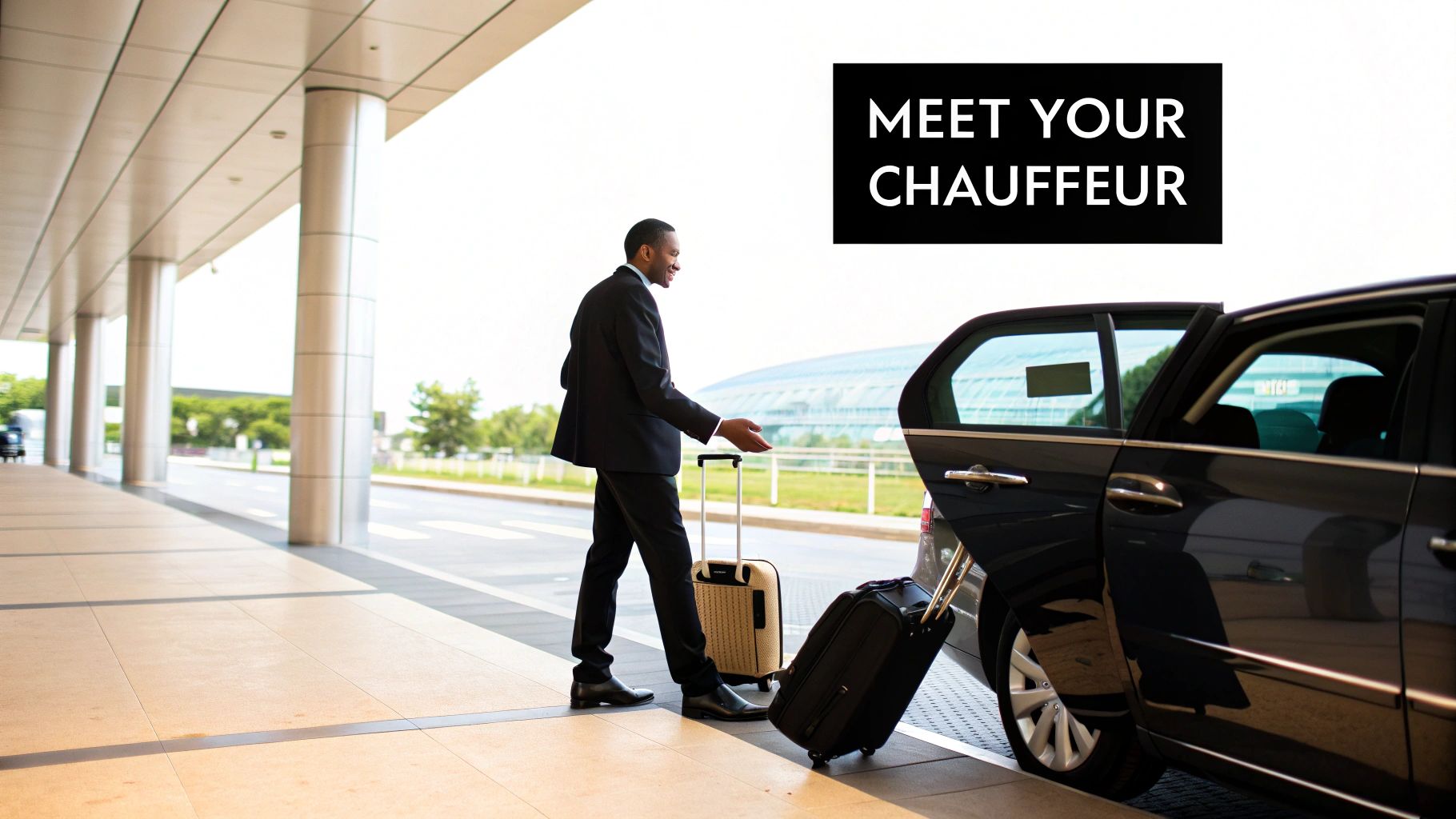A smiling chauffeur in a suit assisting a passenger with luggage next to a luxury car.