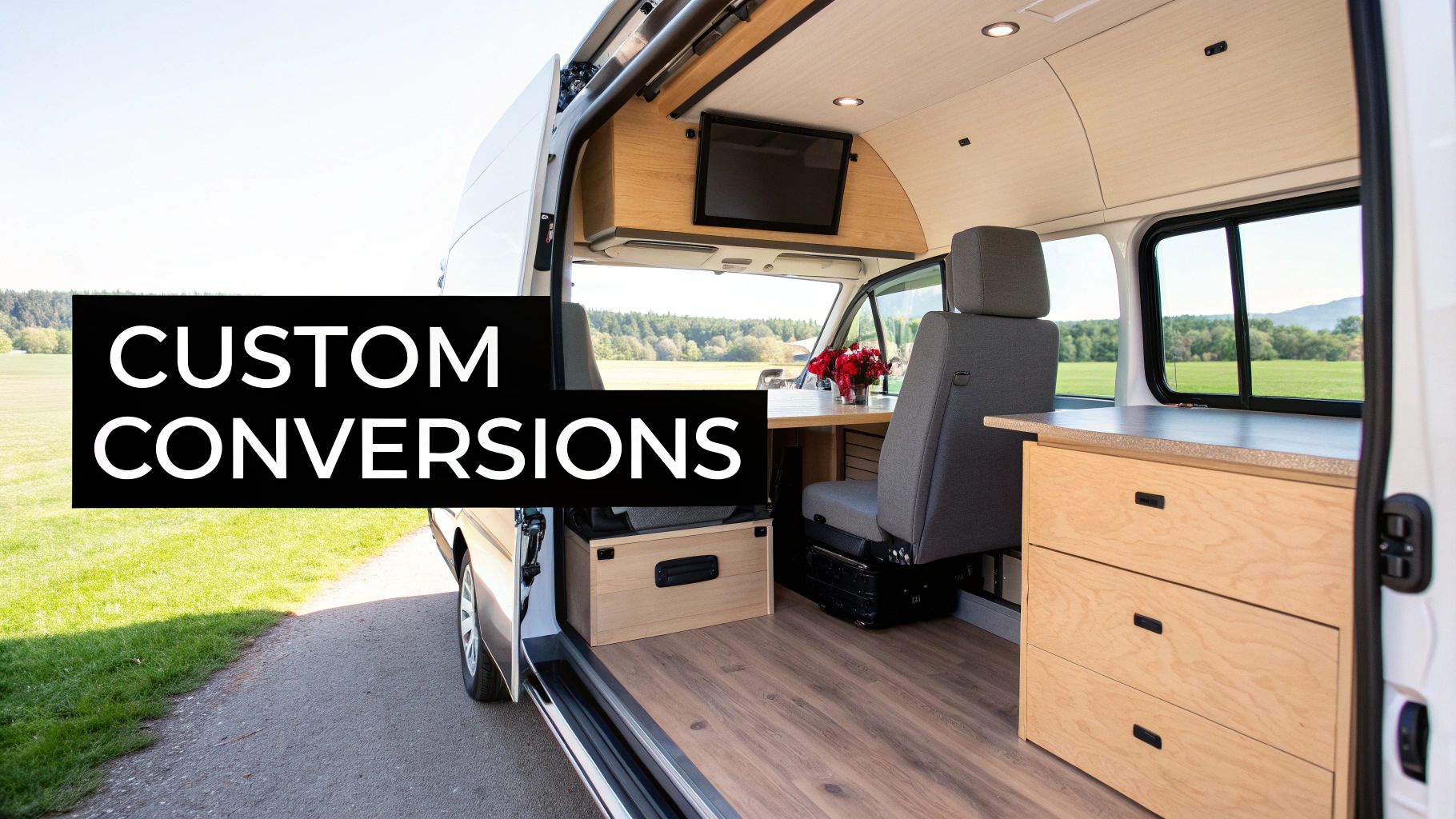 Interior of a custom converted camper van featuring a table, seats, wooden cabinetry, and a TV.