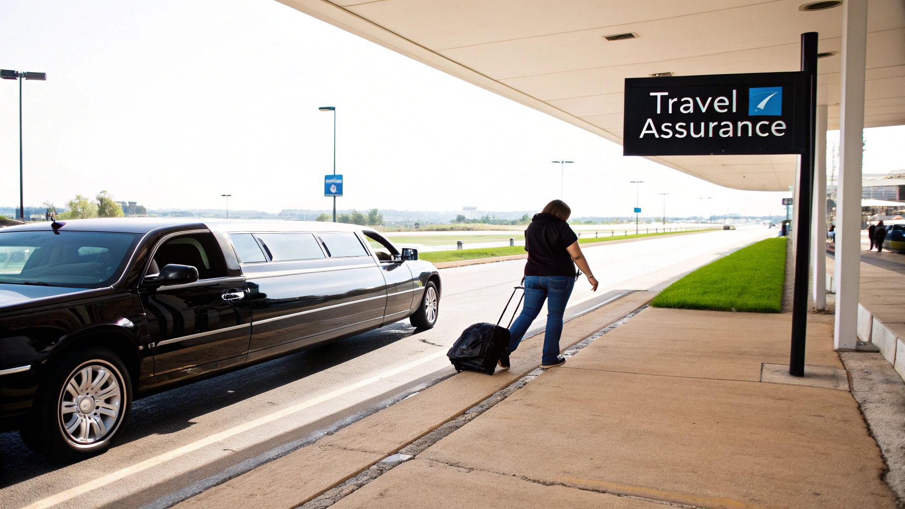 A black limousine waits at an airport curb as a traveler pulls luggage past a 'Travel Assurance' sign.