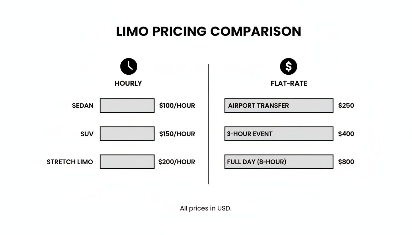 Limo pricing comparison chart displaying hourly and flat-rate costs for different vehicle types and services.