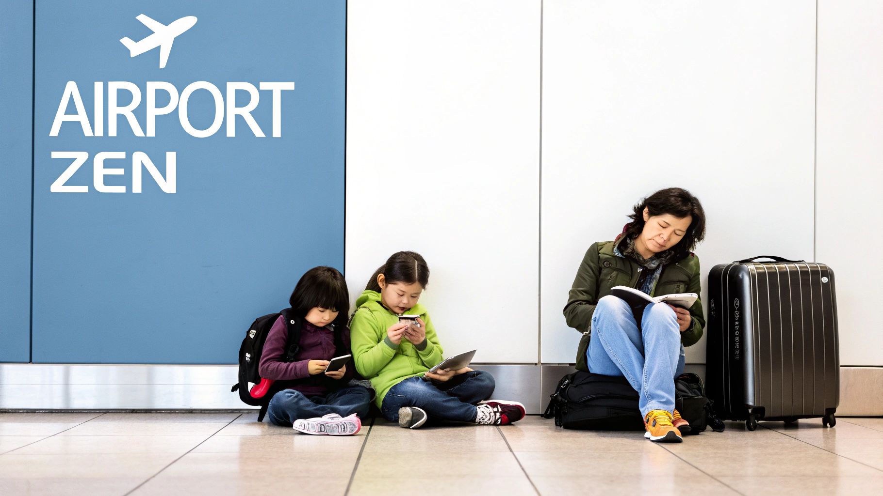 Asian mother and two children relax on airport floor, using phones and reading.