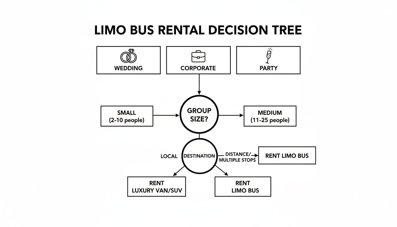 A flowchart illustrating a limo bus rental decision tree based on event, group size, and destination.