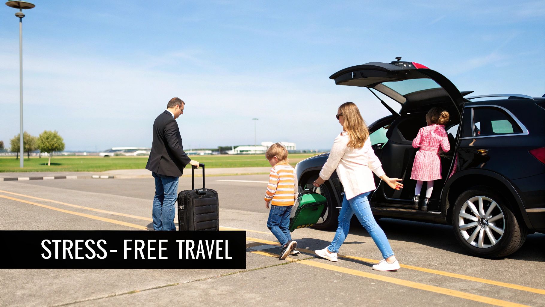 A family uses a private car service for stress-free travel, loading luggage into a black SUV at the airport.