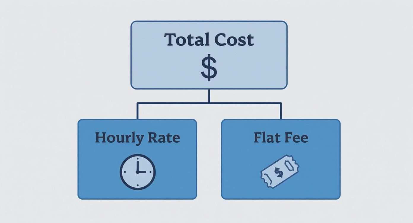 Flowchart illustrating total cost derived from two pricing models: hourly rate and flat fee.