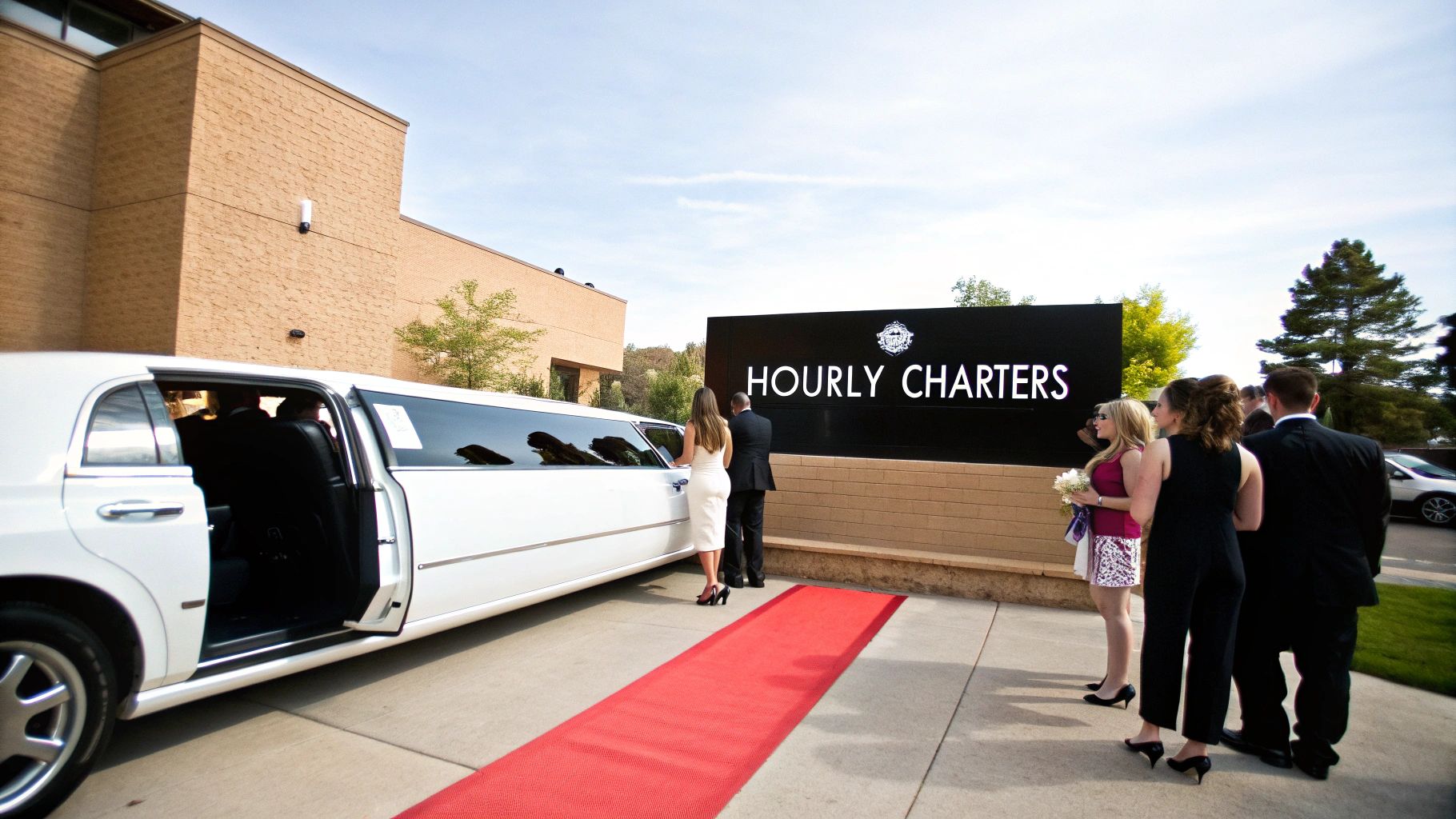 A white limousine on a red carpet with well-dressed people arriving for an event, displaying 'Hourly Charters' sign.