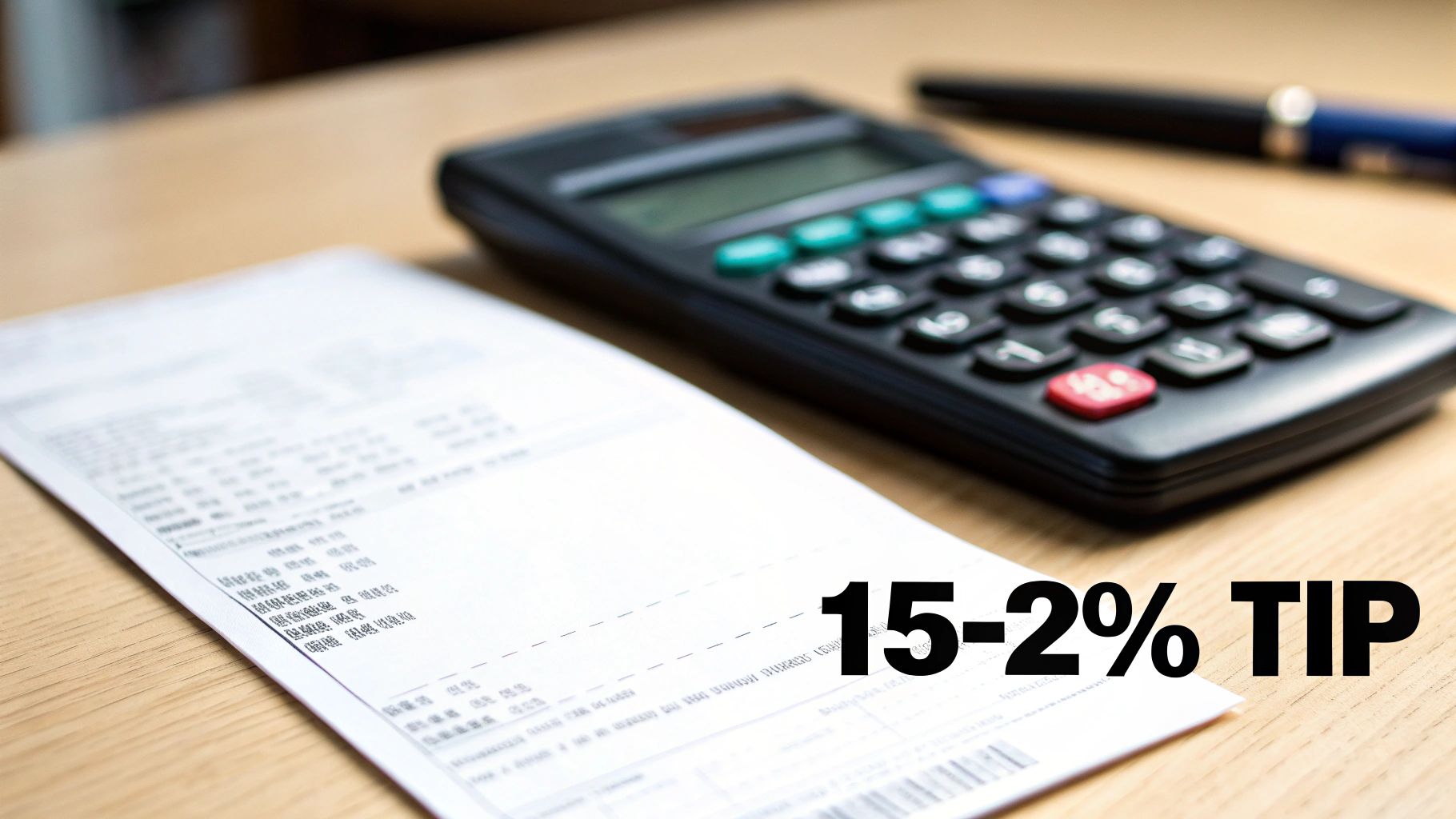 A calculator and a bill with '15-2% TIP' text, suggesting tip calculation on a wooden table.