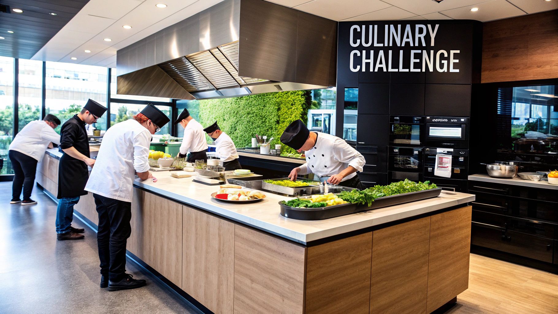 Colleagues cooking together during a corporate culinary class.