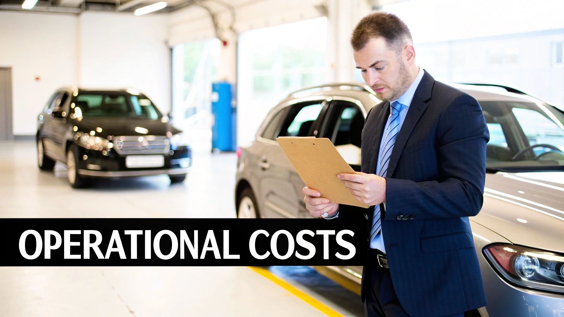 Man in a suit reviewing 'Operational Costs' on a clipboard in a car service center.