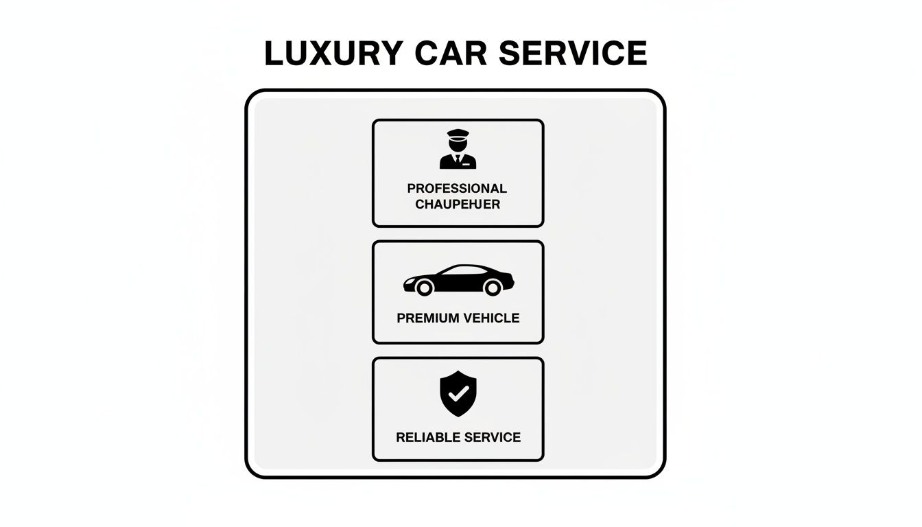 An image detailing luxury car service features: professional chauffeur, premium vehicle, and reliable service.