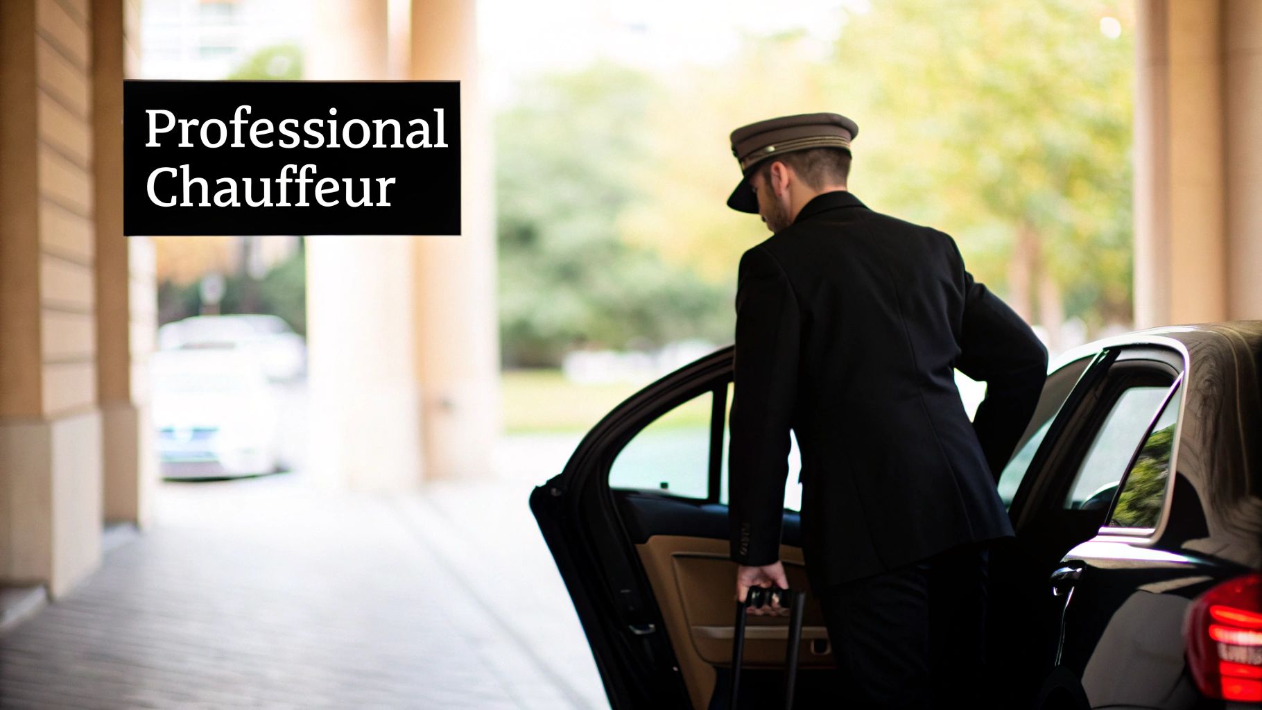 Professional chauffeur opening the door of a luxury sedan