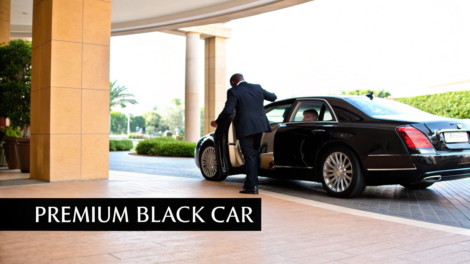 A chauffeur in a suit opens the door of a black premium car for a passenger.