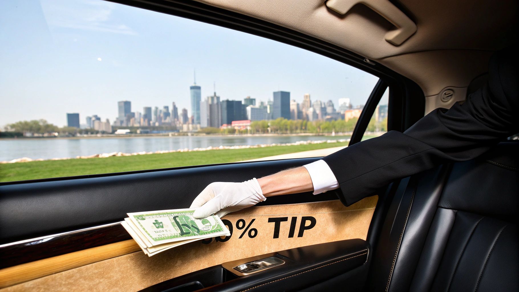A gloved hand in a suit places money on a car door with a 50% tip sign, overlooking a city skyline.
