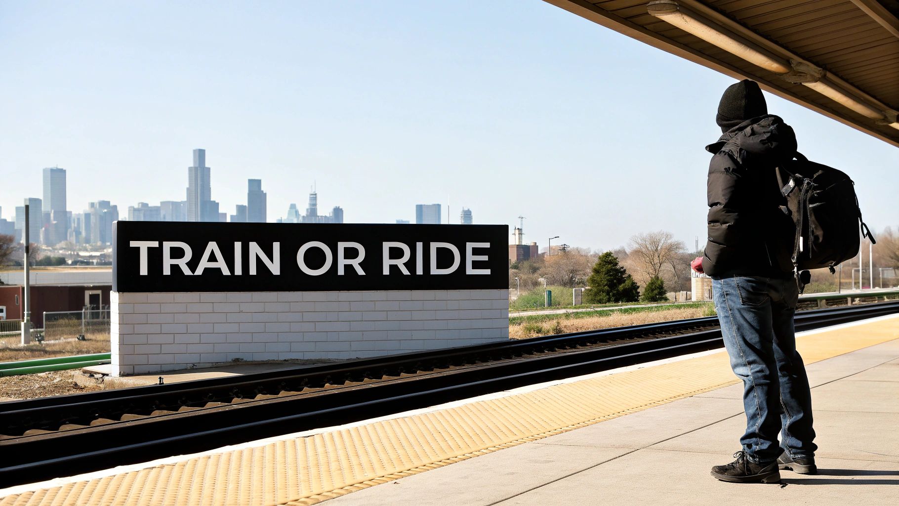 A person with a backpack waits on a train platform next to a 'TRAIN OR RIDE' sign, with a city skyline in the background.