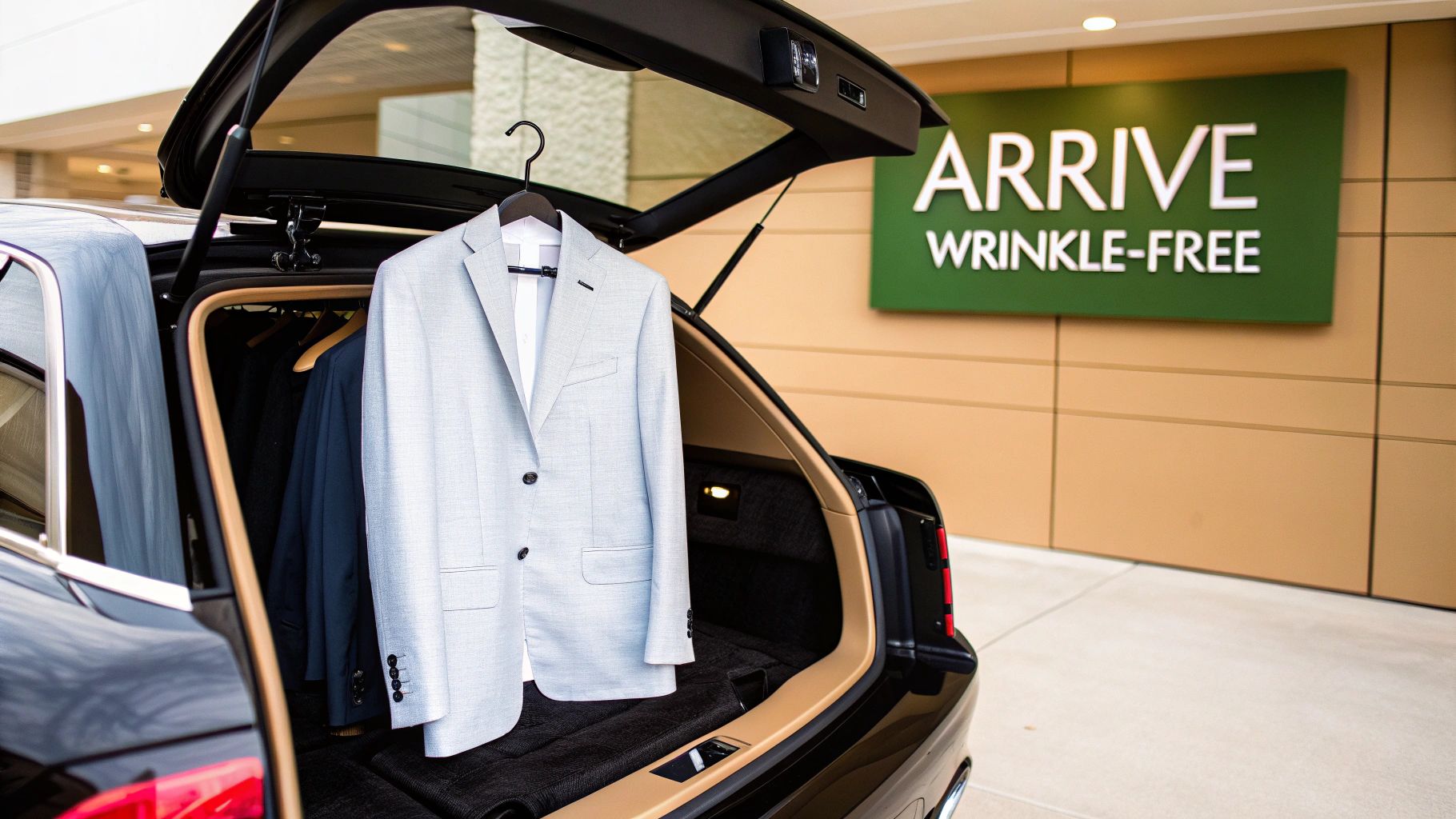 A light blue blazer hangs neatly in a luxury car's trunk, promising wrinkle-free arrival.