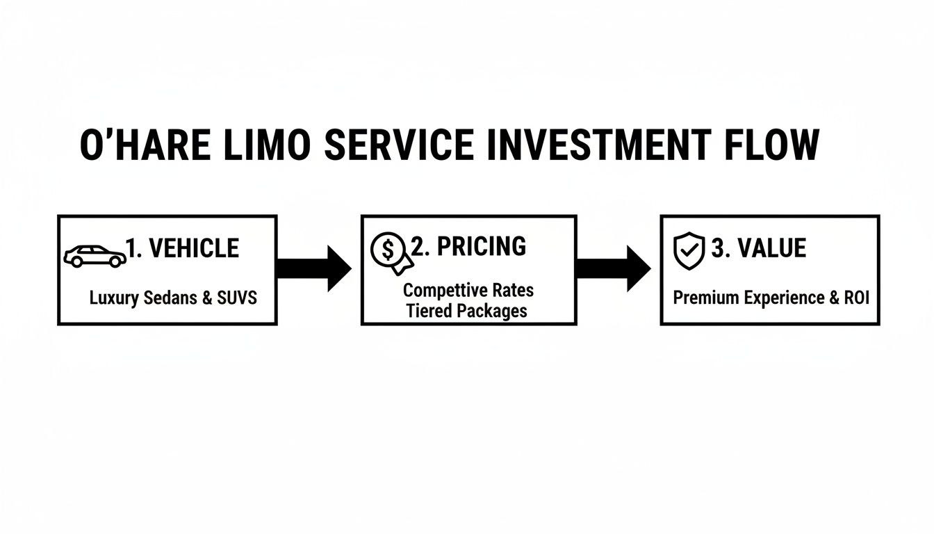 Flowchart illustrating O'Hare limo service investment, from luxury vehicles and competitive pricing to premium value.