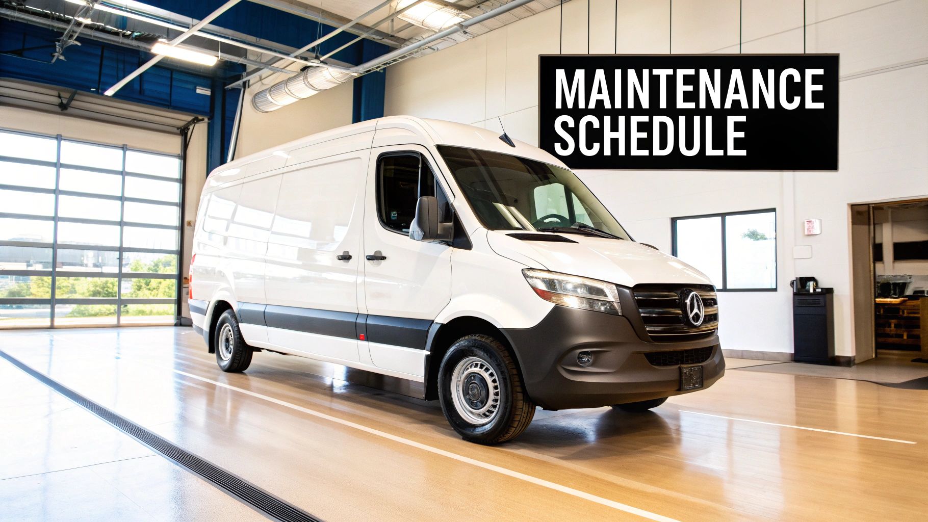 A Mercedes-Benz Sprinter van in a modern repair shop, with a technician inspecting the engine.