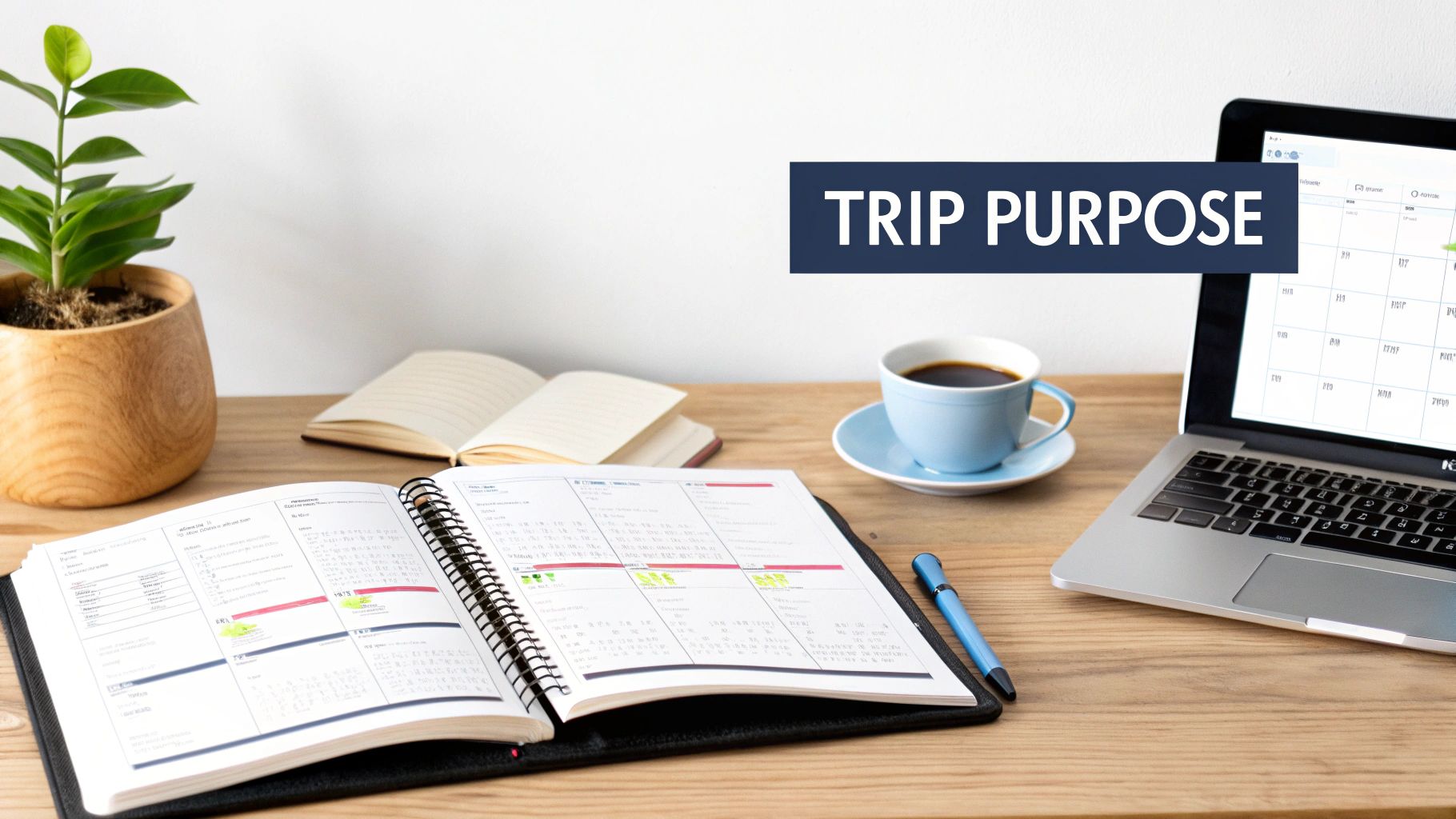 A neat desk with an open planner, a laptop, coffee, and a plant, with a 'TRIP PURPOSE' banner.