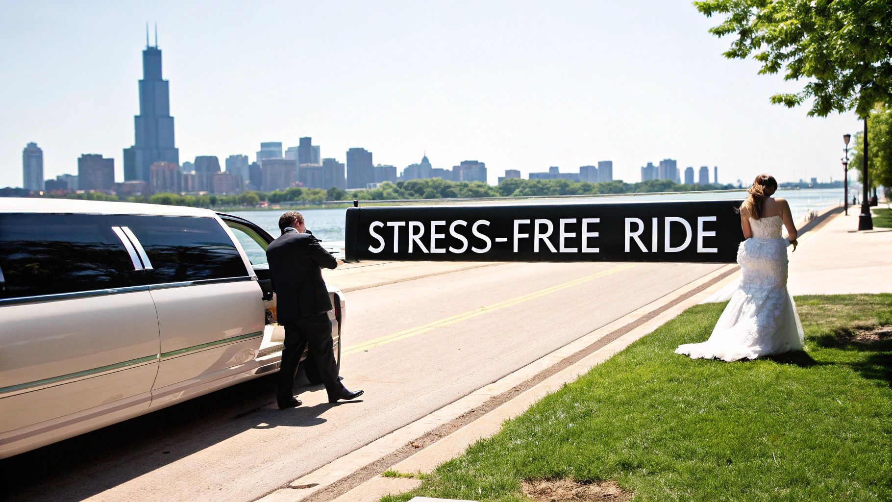Groom entering a white wedding limousine in Chicago, with the bride walking nearby and a 'Stress-Free Ride' sign.