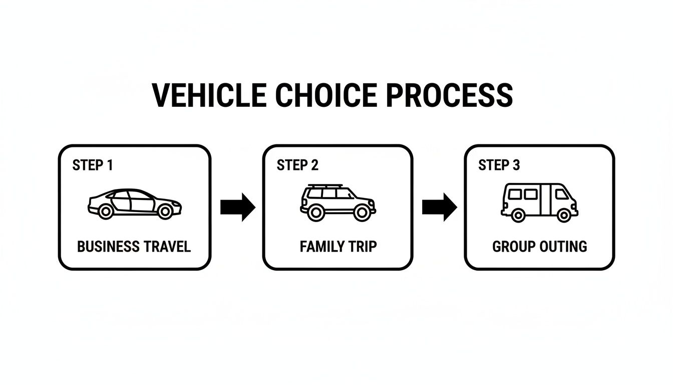 Diagram illustrating vehicle choices for business travel, family trips, and group outings.