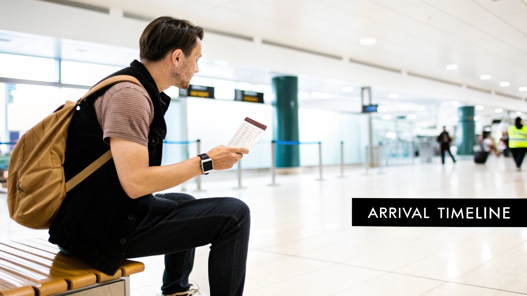 Man waiting at an airport gate, holding a boarding pass and wearing a backpack and smartwatch.