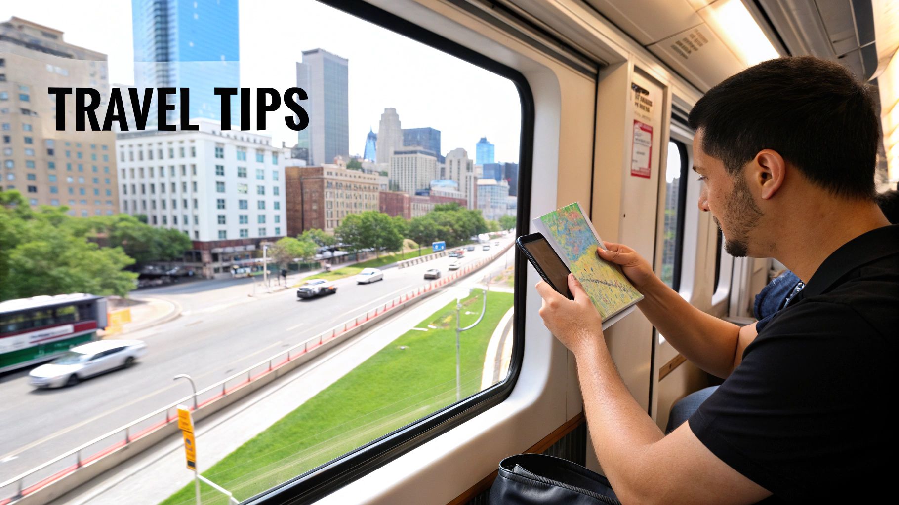 A luxury sedan driving through downtown Chicago at dusk, with city lights reflecting on the car's surface.
