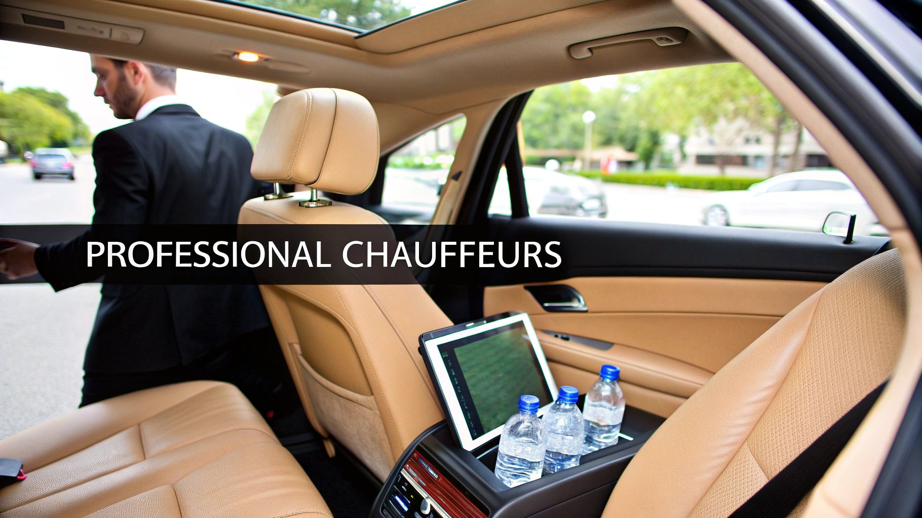 A close-up of a chauffeur's gloved hands on the steering wheel of a luxury black car.