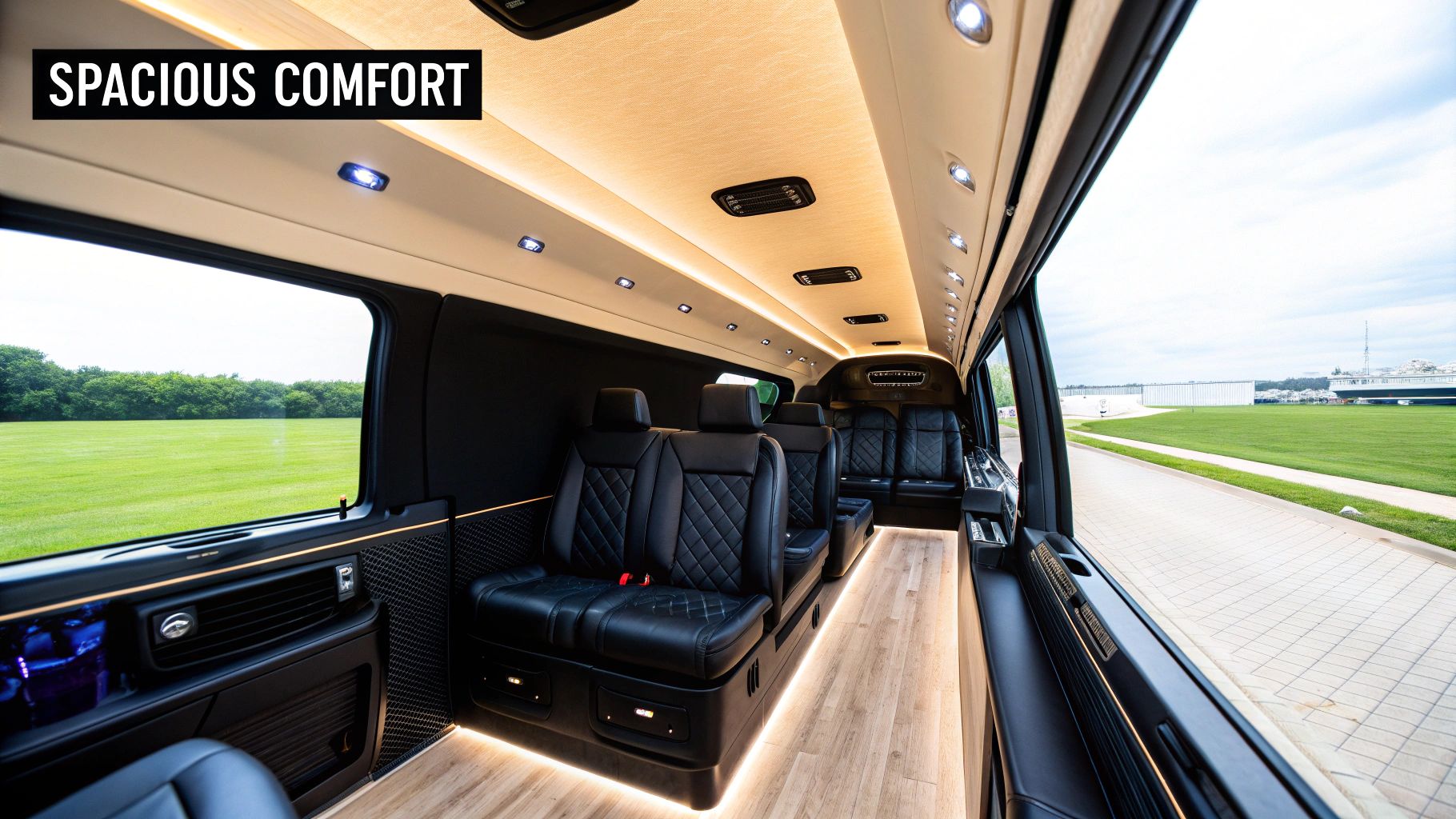 Spacious custom limousine interior with comfortable quilted black seats, wood flooring, and bright ambient lights.