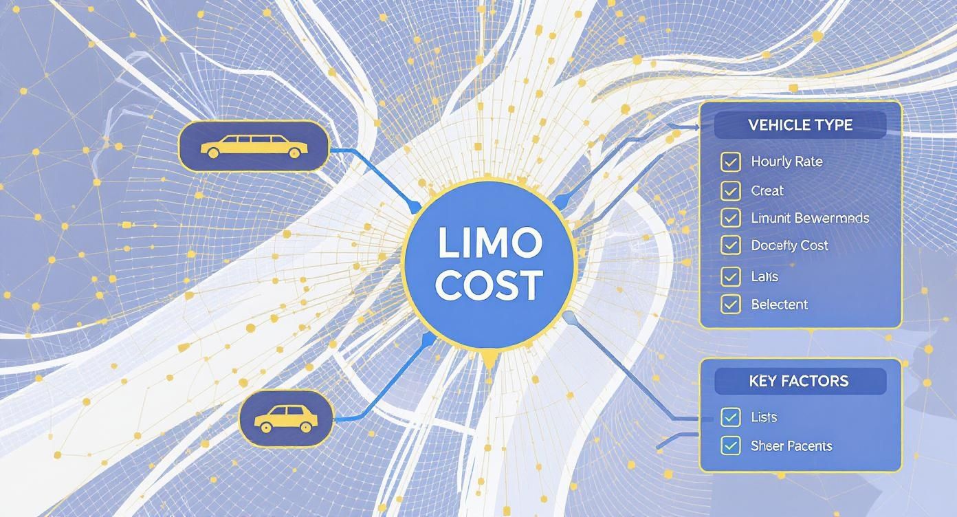 A blue and yellow infographic illustrating factors influencing limo cost, including vehicle type and key considerations.