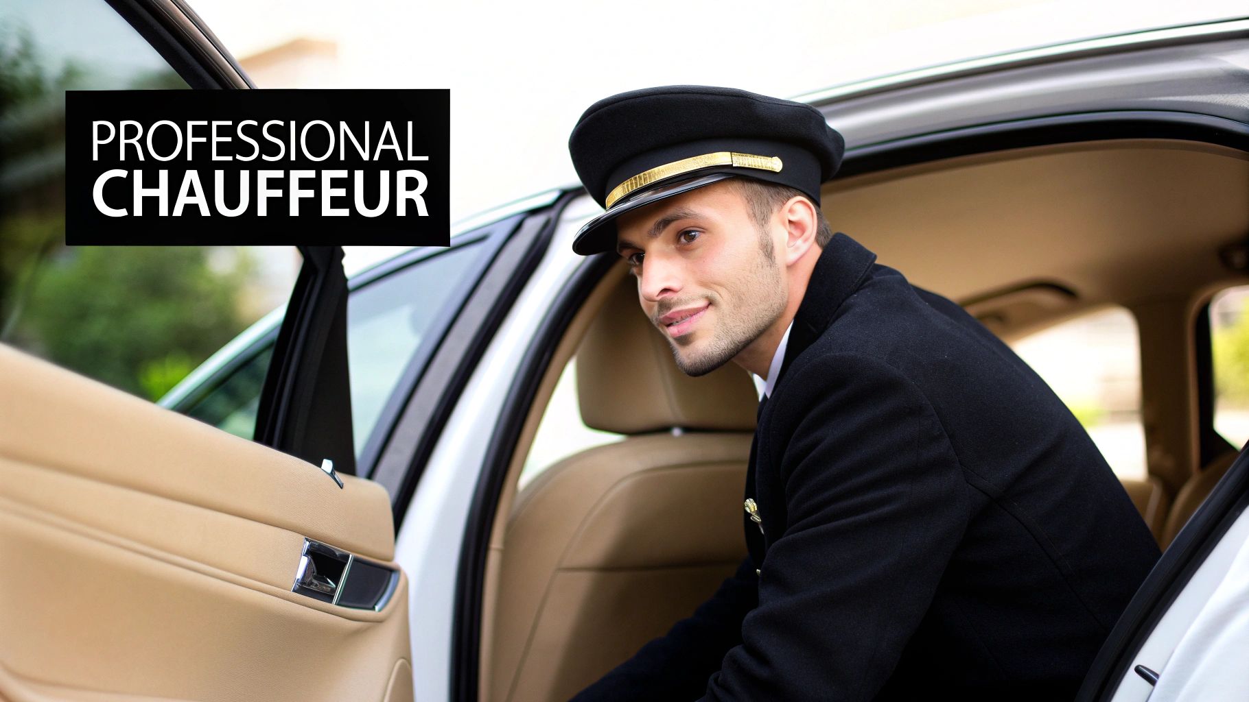 Smiling professional chauffeur in uniform, black suit and cap, seated in a luxurious white car.