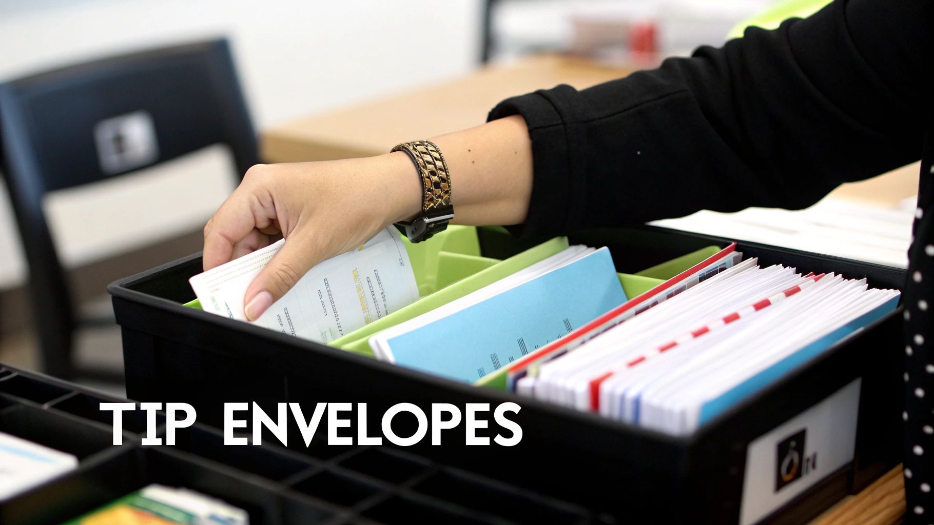 A person's hand reaches into a black organizer filled with various tip envelopes, sorted by color.