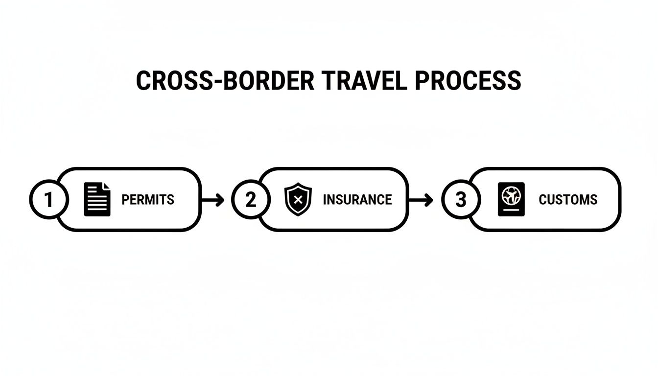 Flowchart showing a three-step cross-border travel process: permits, insurance, and customs.