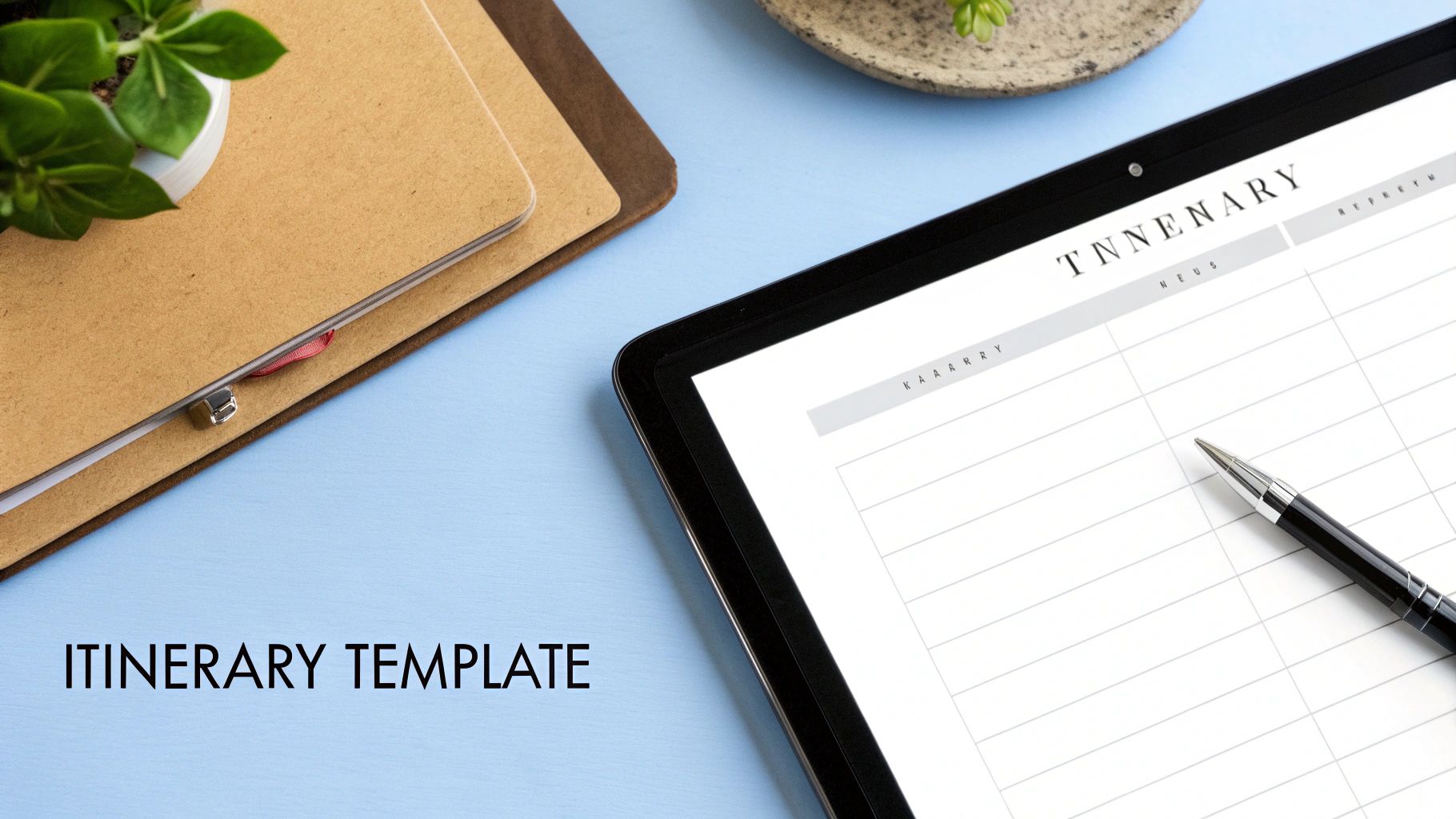 Flat lay of an itinerary template on a tablet, with a pen, notebooks, and a small plant on a blue desk.