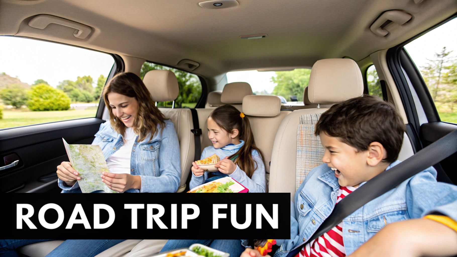 A happy family, mother and two children, enjoying a fun road trip inside a car, looking at a map and eating snacks.