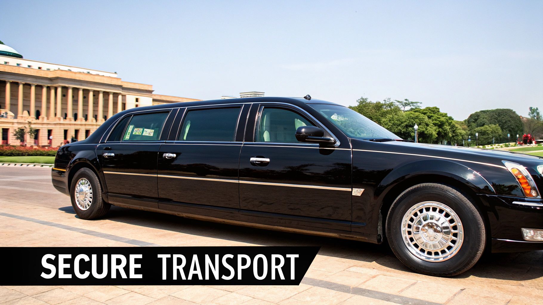 A black armored limousine is parked outside a grand government building, symbolizing secure transport.