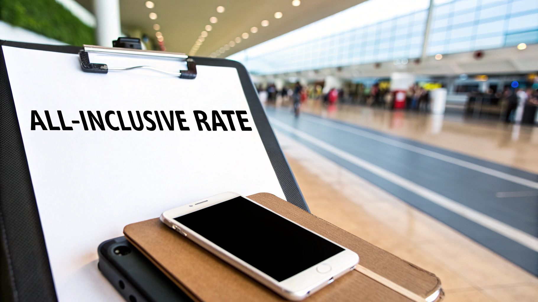 A clipboard displays 'ALL-INCLUSIVE RATE' text, with a smartphone in an airport terminal background.