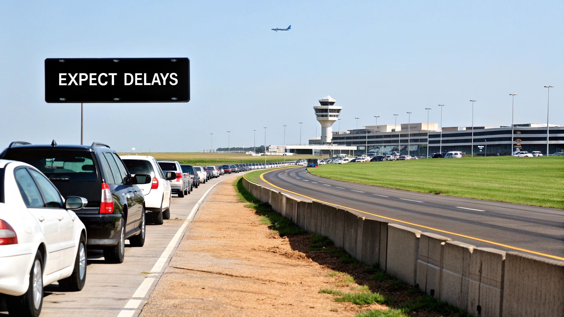 Cars queue at an airport entrance with an 'EXPECT DELAYS' sign, control tower, and plane in the sky.