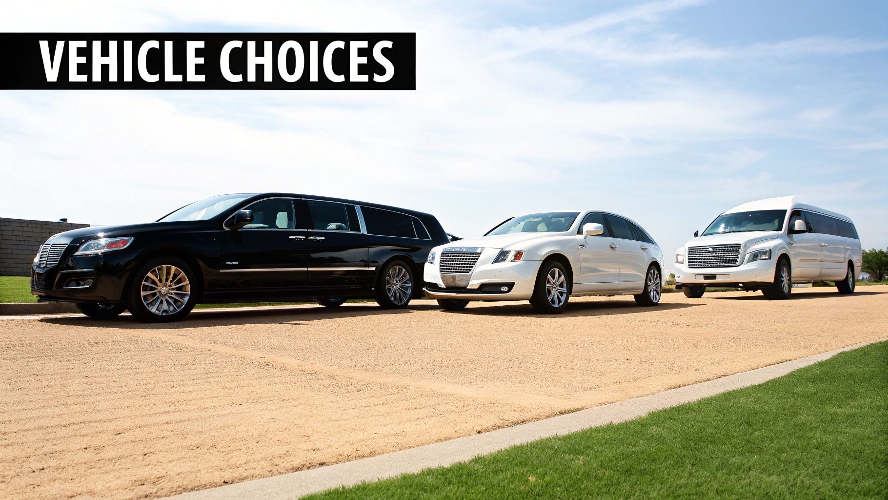 Three luxury vehicles, including a black limousine, white sedan, and white van, on a path.