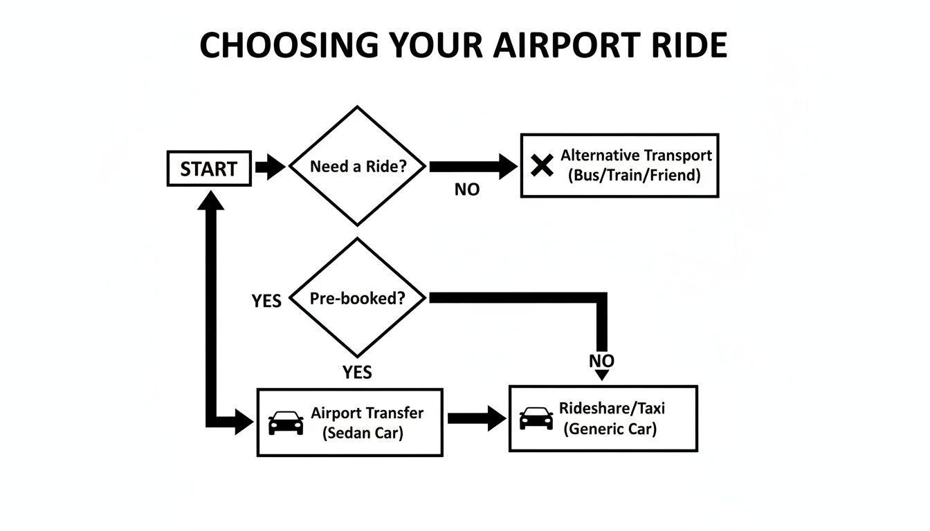 Flowchart illustrating choices for airport transportation, from pre-booked transfers to rideshares or alternative options.