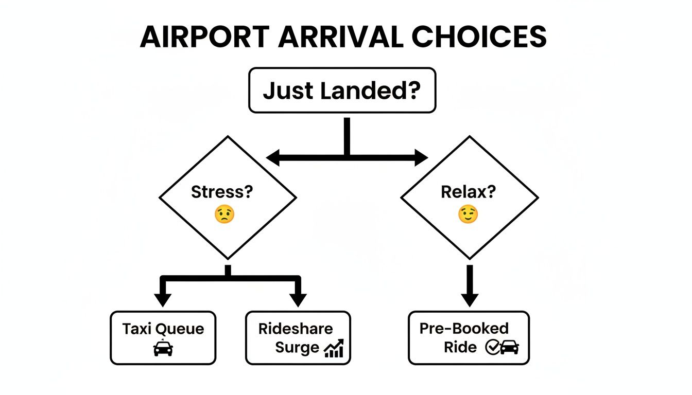 A flowchart illustrates airport arrival choices, guiding users from landing to ride options based on stress levels.