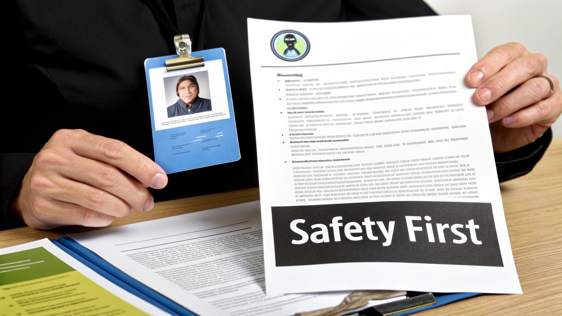 A person in a black shirt holding an ID badge and a document featuring "Safety First" text.