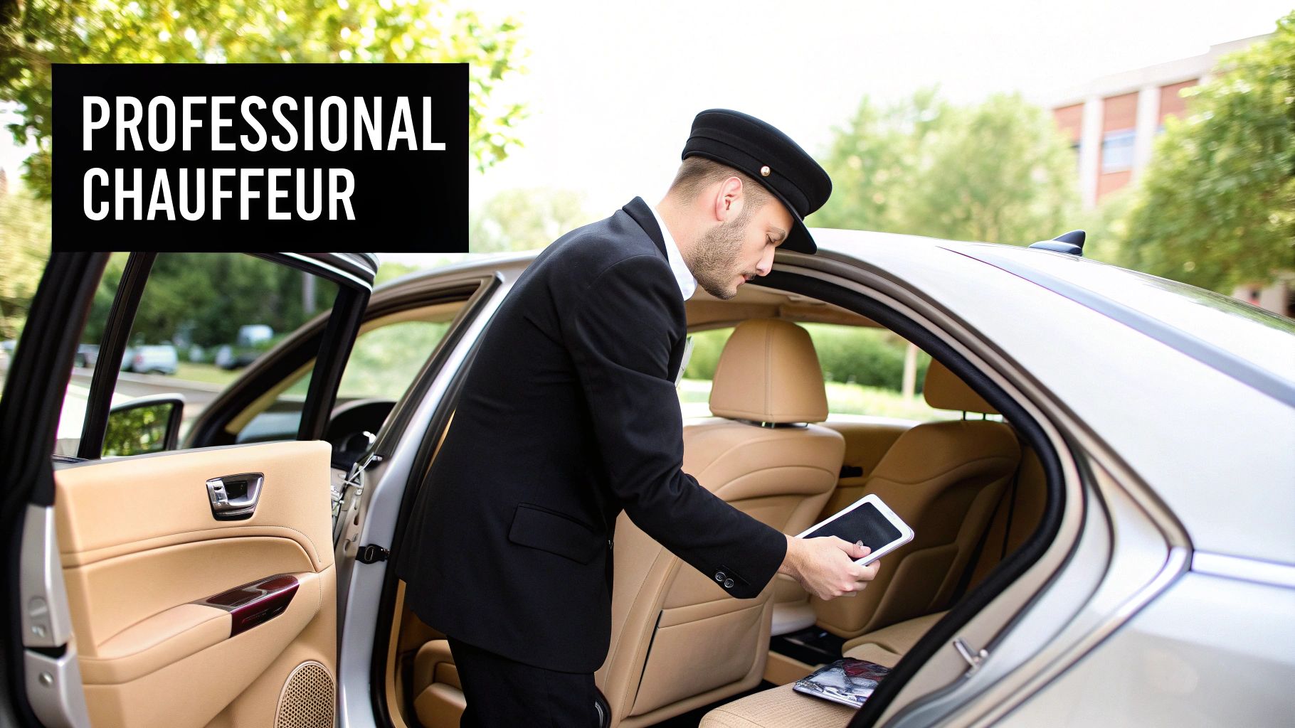 A professional chauffeur opening the door of a luxury sedan for a client.