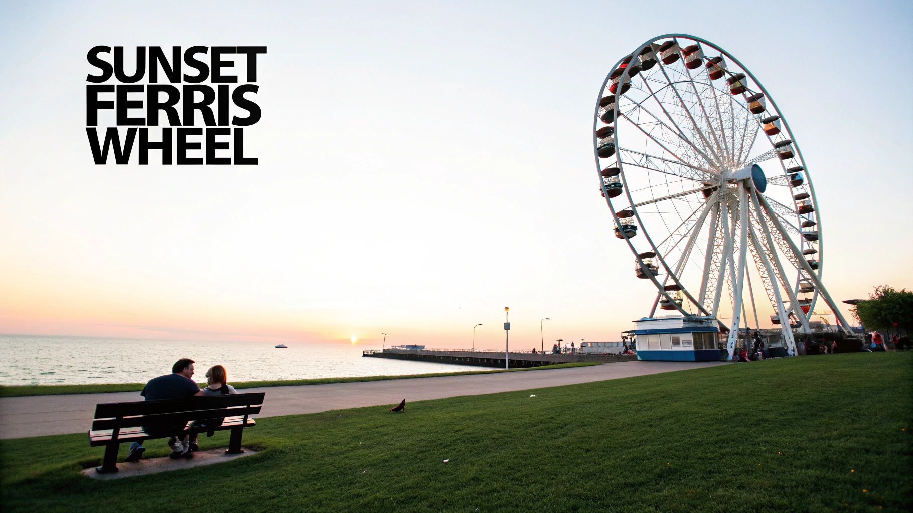 Couple watching sunset by Lake Michigan with large illuminated ferris wheel at dusk
