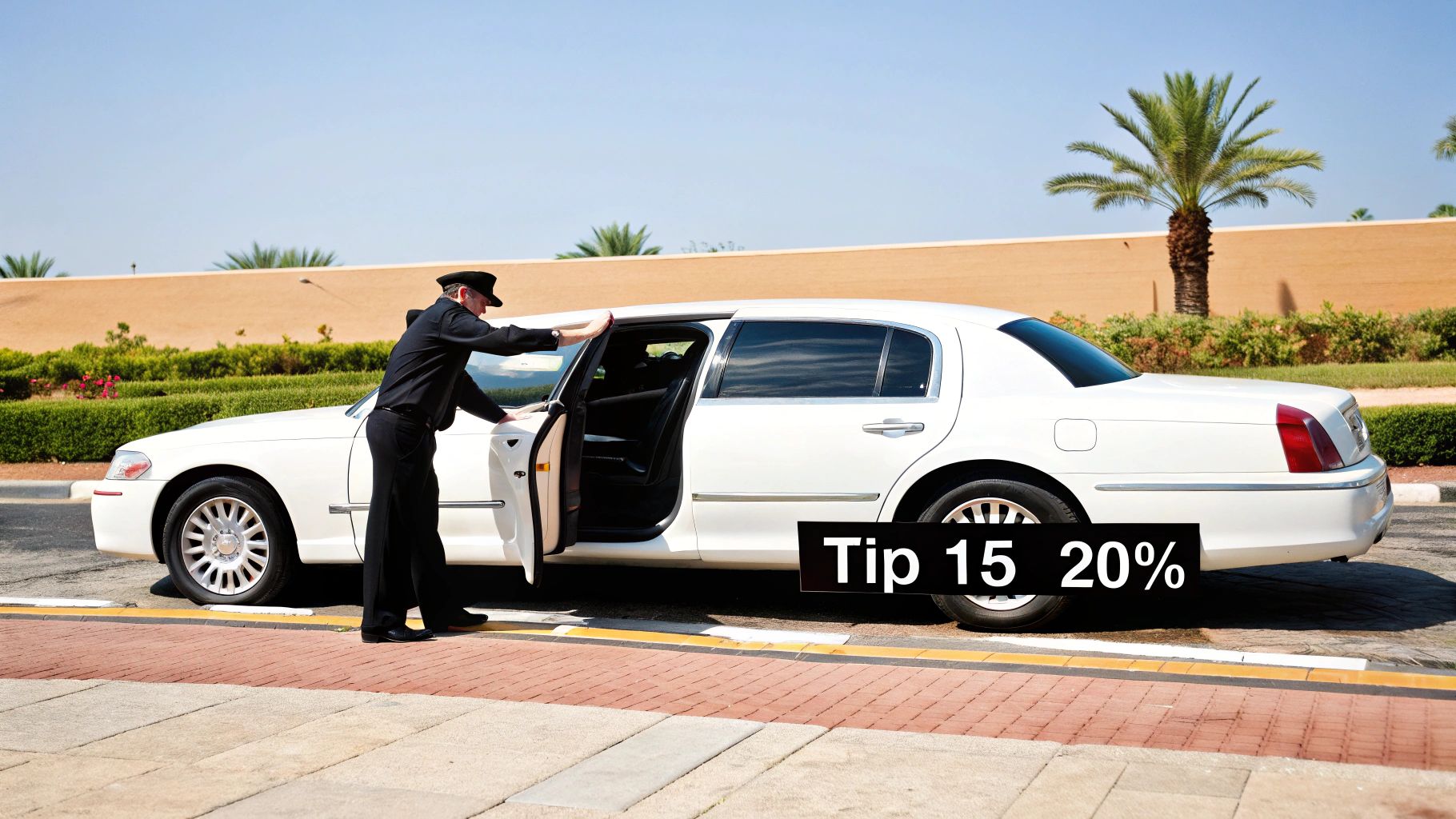 A chauffeur in a black uniform opens the door of a white limousine on a sunny day.