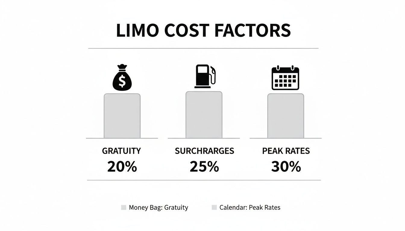 Infographic detailing limo cost factors: Gratuity 20%, Surcharges 25%, and Peak Rates 30%.