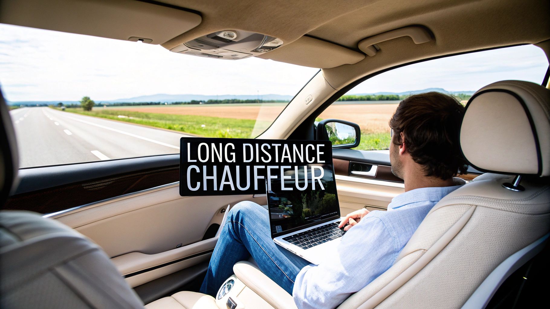 Man on laptop in passenger seat of car with 'LONG DISTANCE CHAUFFEUR' sign, driving on highway.