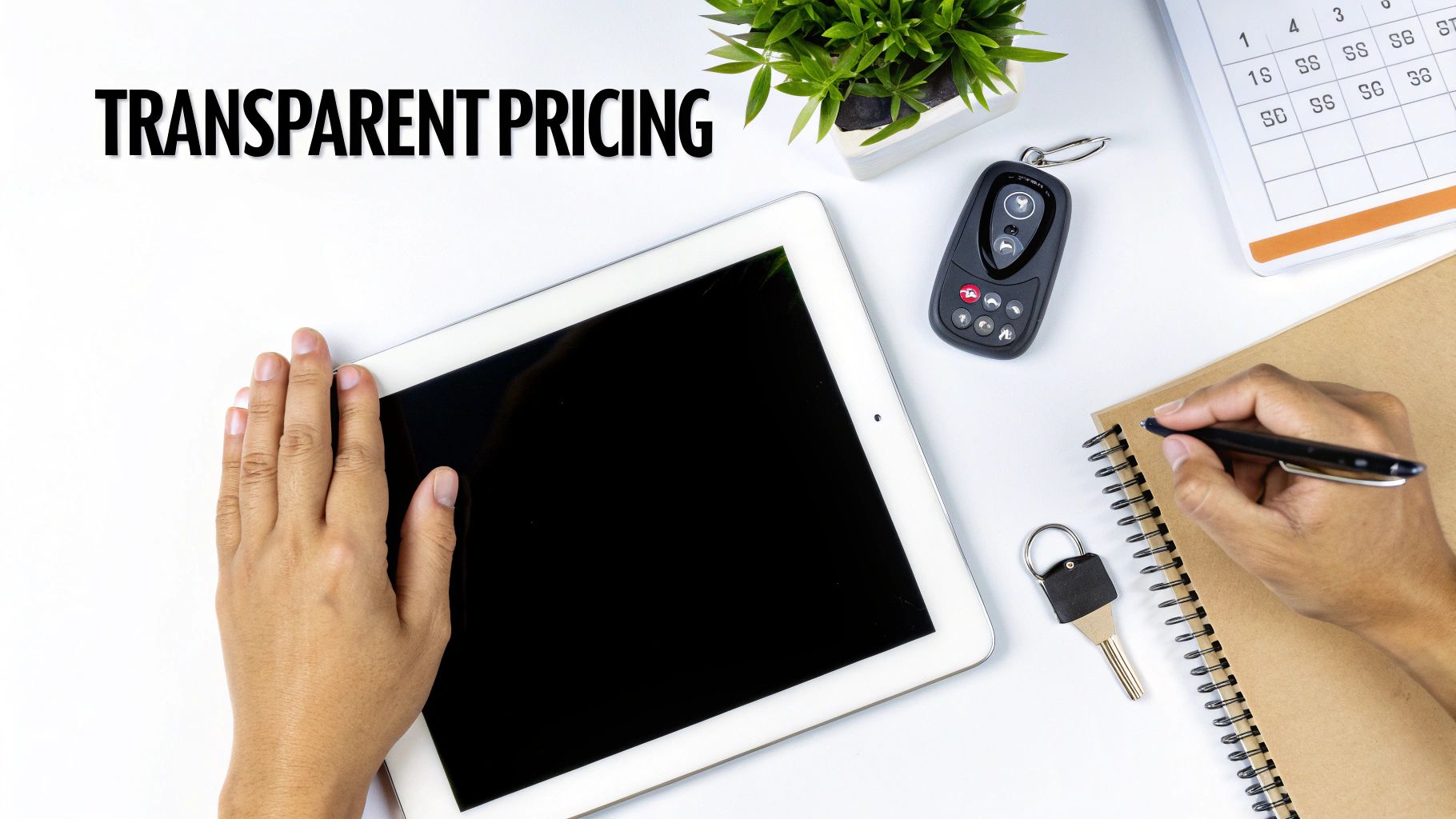 Overhead view of a desk with 'TRANSPARENT PRICING' text, tablet, notebook, and keys.