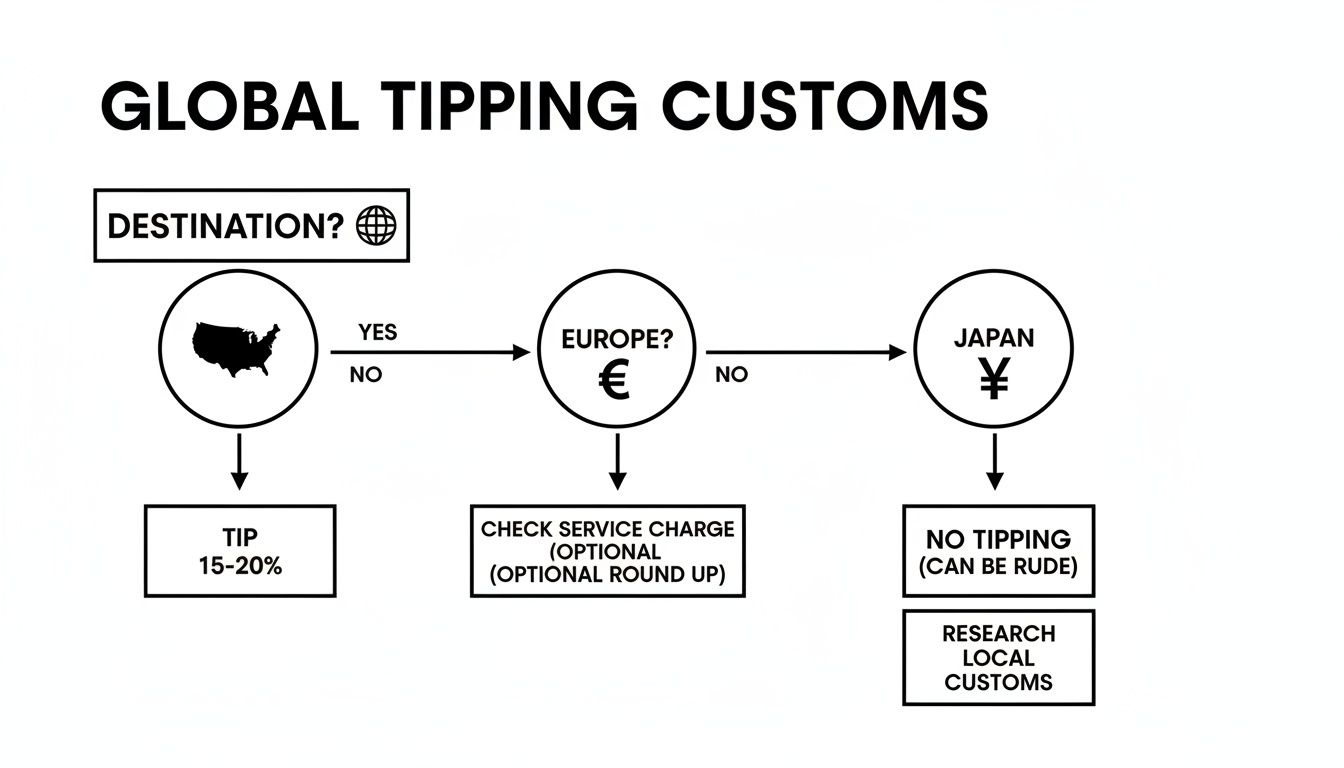 A flowchart illustrating global tipping customs for the US, Europe, and Japan, with specific guidelines for each region.