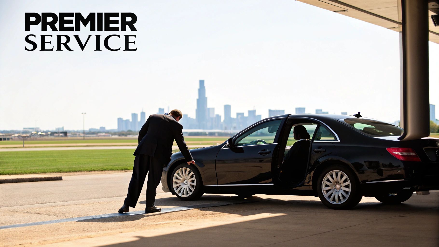 A professional chauffeur opening the door of a luxury SUV for a client at O'Hare.